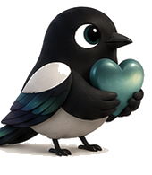Magpie holding a teal heart